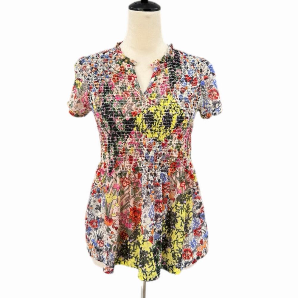 Anthropologie Akemi + Kim Grace Colorful Floral Smocked Peplum V-neck Blouse Top